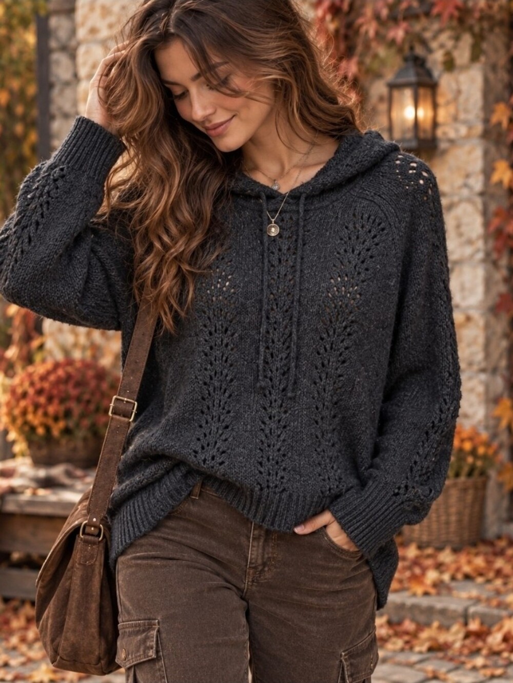 J. Crew Dark Charcoal Pointelle Stitch hoodie Popover sweater Size Medium